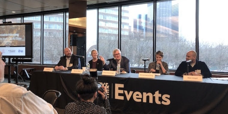 Above, State Senator Brian Kavanagh, sponsor of the legislation signed yesterday by Governor Hochul, speaks at an affordable housing discussion in Battery Park City earlier this month.