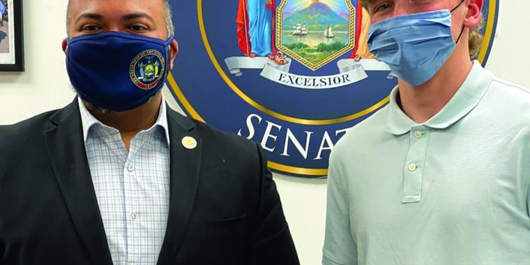 This week Senator Kevin Thomas presented Garden City High School Senior Matthew Mohen with a New York Senate Youth Leadership Award Certificate of Recognition for “attaining outstanding achievement and for serving as a leader and positive role model in our community”. He plans to attend American International College upon graduation.