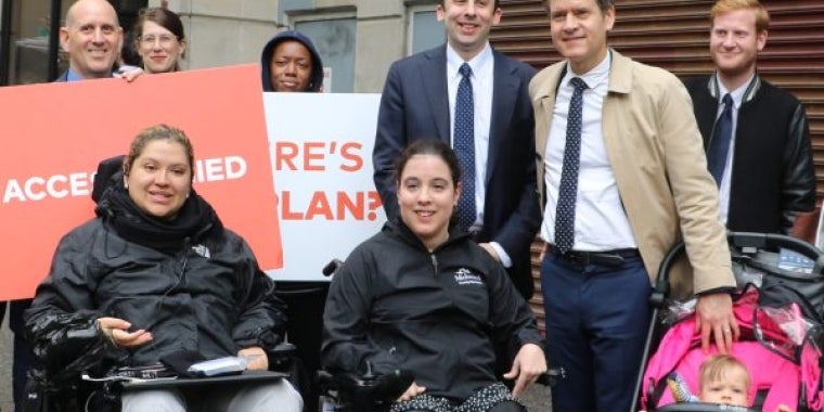 Assembly Member Harvey Epstein, City Council Member Keith Powers and State Senator Brad Hoylman (along with Hoylman’s daughter Lucy) rallied with disability advocates for more accessibility in the MTA last week.