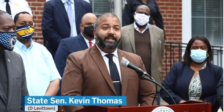 Sen. Kevin Thomas speaks at a press conference in Hempstead Village.