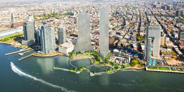 The proposed River Ring development (center) at River Street near Metropolitan Avenue in Williamsburg. James Corner Field Operations and BIG-Bjarke Ingels Group.