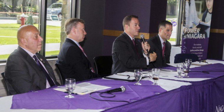 Paul Battson/CONTRIBUTOR Officials gathered Friday at Niagara University to discuss "Think Differently," an effort to encourage policy makers, community representatives and agencies to work together to raise awareness and promote social acceptance of individuals with autism spectrum disorder. Pictured, from left, are state Assemblyman Angelo Morinello, R-Niagara Falls, state Sen. Chris Jacobs, R-Buffalo, state Senator Robert Ortt, R-North Tonawanda, and Dutchess County Executive Marc Molinaro.