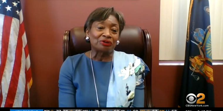 Senate Majority Leader Andrea Stewart-Cousins speaking with WCBS