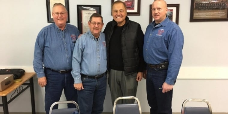 Senator Bonacic is pictured at the Liberty firehouse with, (L-R) Dick Martinkovic. Harry Edwards, and Tim Vogler.