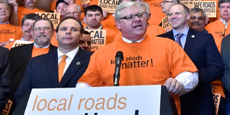 Senator O'Mara and Assemblyman Palmesano (l.) at this year's "Local Roads Matter" rally at the Capitol in March.