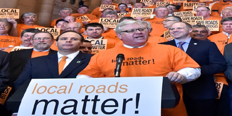 Senator O'Mara and Assemblyman Palmesano rally support for "Local Roads Matter" at the Capitol earlier this year.