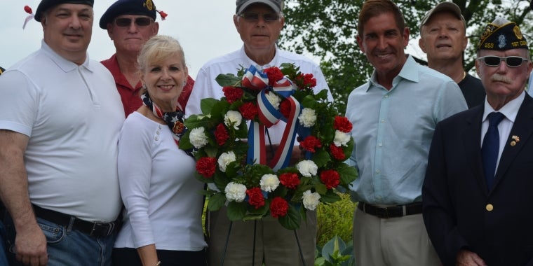 Senator Jeff Klein with Judy Lanci, president of Theodore Korony Auxiliary, Pat Devine, chairman of the Bicentennial Veterans Memorial Park Incorporated, and local veterans at The Bicentennial Park Veterans Memorial Park Ceremony