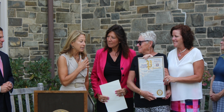Senator Serino presents Miles of Hope Founders Dana Effron and Cathy Benecke Varunok with a proclamation designating October 14th 'Miles of Hope Day' in the region.