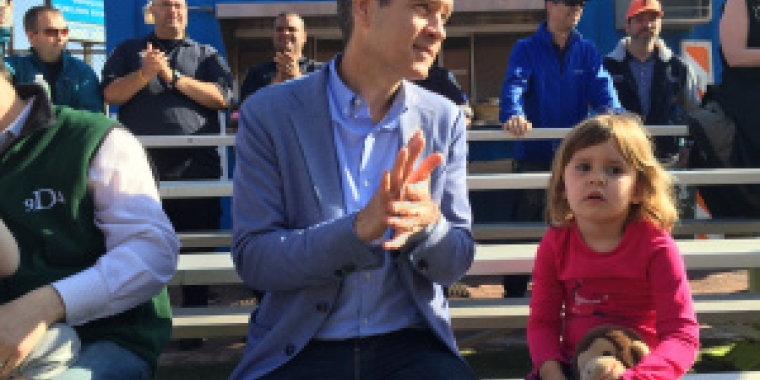 State Senator Brad Hoylman, pictured with daughter Silvia at the Peter Stuyvesant Little League Parade (Photo by Sabina Mollot)