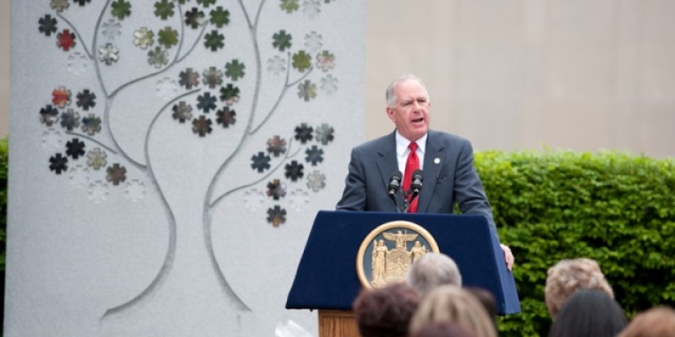 Senator Ranzenhofer speaks during a special ceremony in front of the EMS Memorial at the Empire State Plaza where Barry Miller’s name will be placed in remembrance of his ultimate sacrifice.