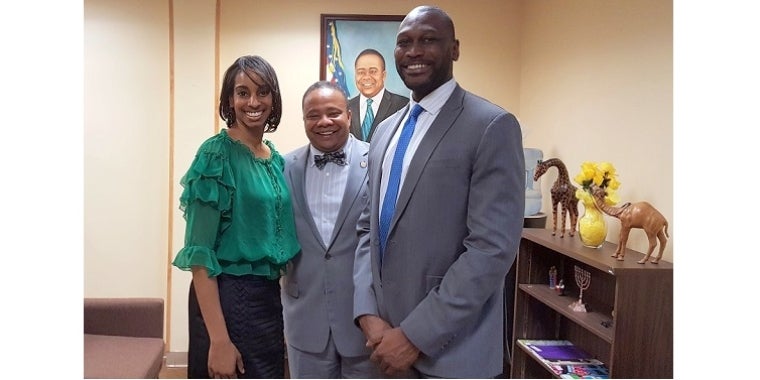 (L-R) Pia Raymond of the  Nostrand Avenue Merchants Association, NYS Senator Jesse Hamilton, NYC Small Business Services Commissioner Gregg Bishop