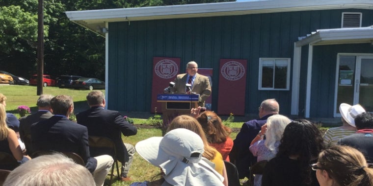 Senator O'Mara stresses the importance of a NYS Pollinator Protection Plan at this morning's news conference at Cornell University's Dyce Lab.