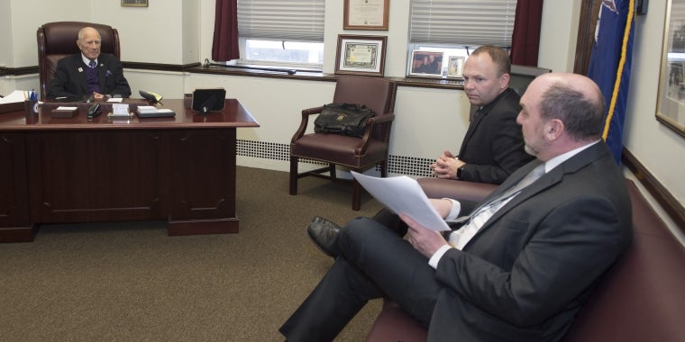 From left: Senator Bill Larkin, Marlboro Superintendent Michael Brooks and Marlboro Finance Director Patrick Witherow meet in Senator’s Capitol office in Albany