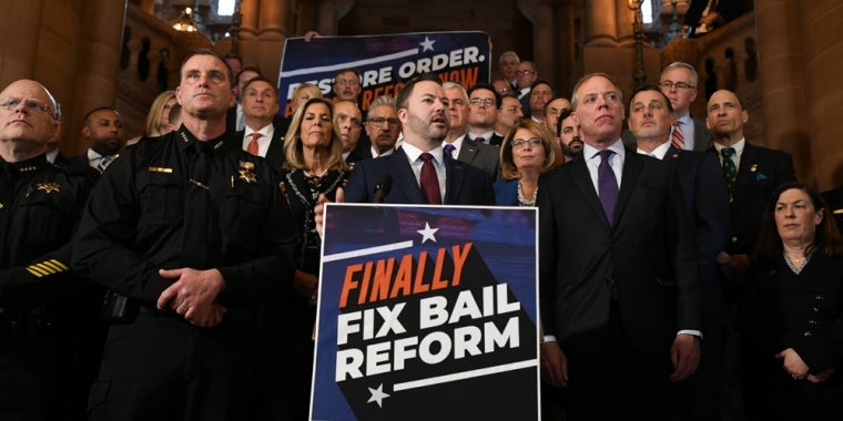 (At Podium: Senate Republican Leader Rob Ortt with legislative colleagues and law enforcement)