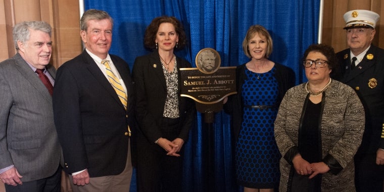 Officials participating in the unveiling of the plaque to honor Samuel Abbott  included (left to right): Assemblyman Jack McEneny, Senator Neil Breslin (44th District),  Assemblywoman Patricia Fahy (109th District), Senator Catharine Young (57th District),  OGS Commissioner RoAnn Destito and Albany Fire Chief Warren Abriel.  Not pictured, Assemblyman John McDonald (108th District).