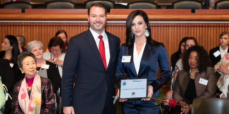 Sen. Rob Ortt presents Jennifer D’Andrea with a 2019 “Women of Distinction” Award