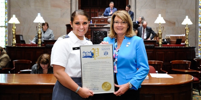 Senator Pam Helming presents Courtney Hill, a cadet at the U.S. Military Academy at West Point, with a New York State Senate Proclamation to honor her presence at the State Capitol in Albany for West Point Day on Wednesday, May 9.