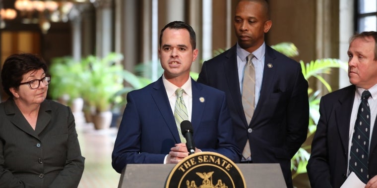 Patricia Clancy with Medical Society of the State of New York (MSSNY), Senator David Carlucci, Assemblyman Walter Mosley, and John Corlett with AAA New York State
