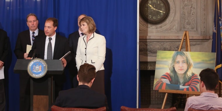 At a May 2017 press conference, Stephen Eimers speaks about his daughter Hannah and the defective X-Lite guardrail end cap that caused her death. Standing alongside Mr. Eimers are Senator Robach  (R,C,I - 56th District) and Senator Young (R,C,I - 57th District).