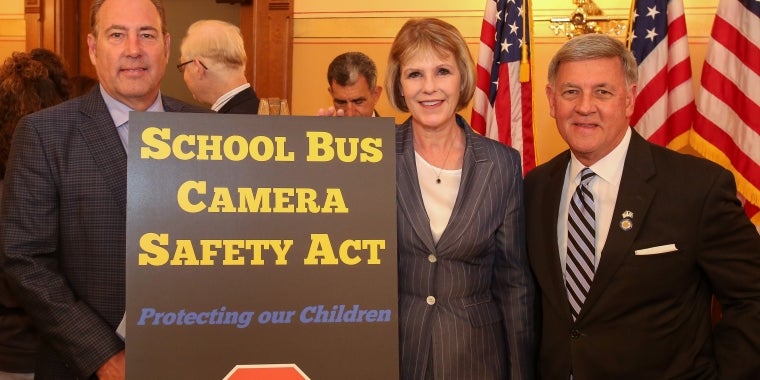 Senators Robach (left) and Funke (right) joined Senator Young at a press conference urging passage of the School Bus Camera Safety Act.