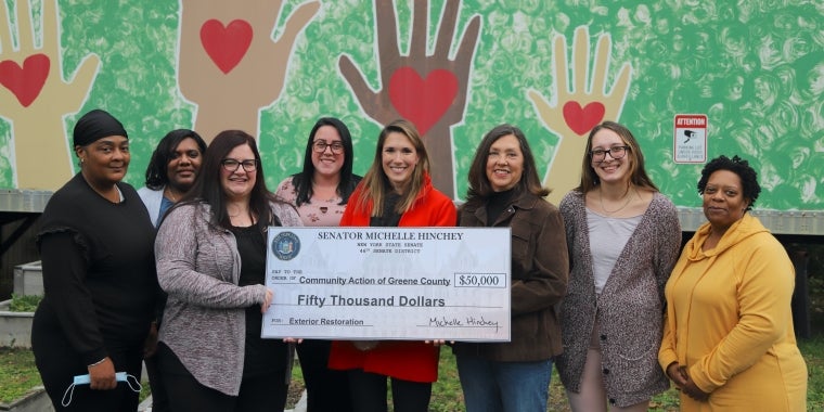 Senator Hinchey visits Community Action’s food pantry in Catskill with Executive Director Florence Ohle and staff members from Columbia Greene Victims Services