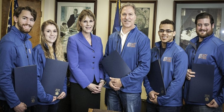 From left to right: Mike Hanchett, Bryana Baer, Senator Young, Dr. Barry Broughton, Desmond White and Charlie Love