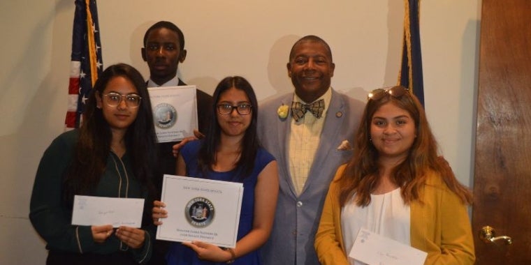 Senator Sanders honored the following students: Asfiyah Shafi, resident of Far Rockaway and recent graduate of the Academy of Medical Technology, left, Dennis A. Kwarteng, resident of Far Rockaway and student at Queens High School for Information, Research, and Technology, Nancy Diaz Martinez resident of Far Rockaway, and student at the Academy of Medical Technology and Olga Henriquez, resident of Ozone Park and graduate of Richmond Hill High School.