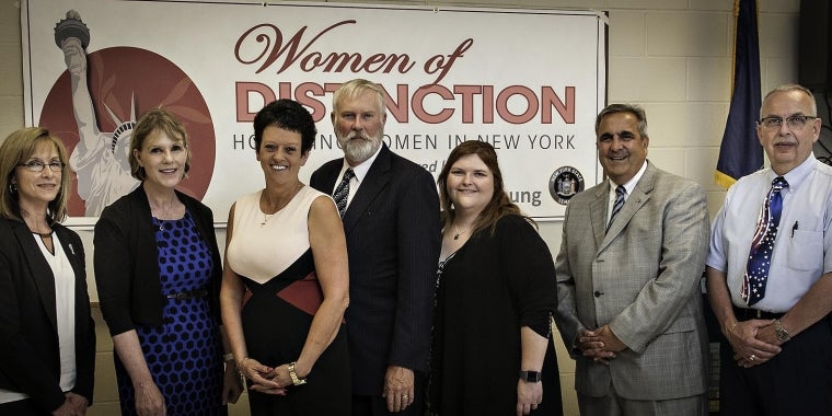 Individuals who spoke at the ceremony for Shannon Ozzella included (l-r): Karen Hill, Senator Cathy Young, Shannon Ozzella, Judge Terry Parker, Cherish Johnson, Assemblyman Joe Giglio, Sheriff Rick Whitney.