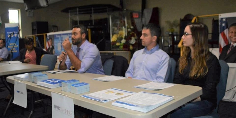 From left: Michael Shikiheah with the Mayor's Office of Recovery and Resiliency and Brendan Pillar and Manuela Powidayko of the NYC Department of City Planning spoke about the city's flood mitigation efforts