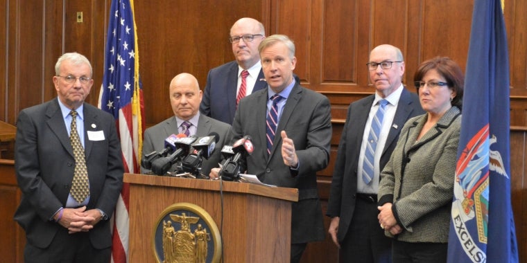 Senator Jacobs is joined by from L-R Village of Hamburg Mayor Thomas Moses, Village of Kenmore Mayor Patrick Mang, Town of Tonawanda Supervisor Joseph Emminger, Town of Orchard Park Supervisor Patrick Keem and Town of Evans Supervisor Mary Hosler as they call on Governor Cuomo to restore cuts to the Aid and Incentives to Municipalities program.