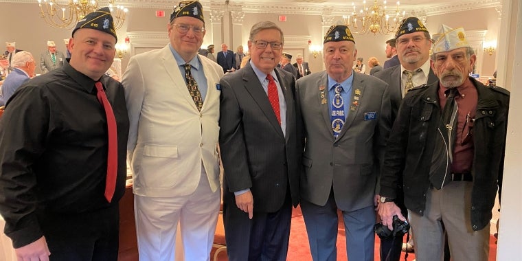 Senator James L. Seward welcomes Otsego County veterans from Richfield Springs Post 616 to Albany during the American Legion Department of New York annual legislative day. From left, Daniel Kocienda, Paul Zesewitz, Senator Seward, Leo Mackin Jr., Albert Peterson, Wayne Dunkel.