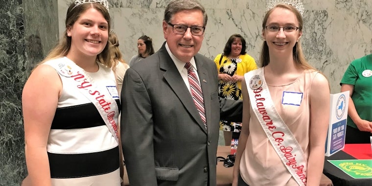Senator James L. Seward meets with dairy royalty from Delaware County during the 2019 Legislative Dairy Day in Albany. From left, second alternate New York State Dairy Princess Morgan Hungerford (East Meredith), Senator Seward, Delaware County Dairy Princess Theresa Cerosaletti (Davenport).