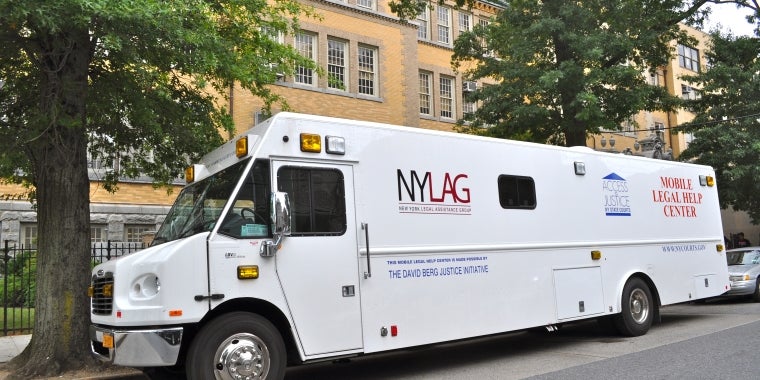 The NYLAG Mobile Legal Help Center. The van will be stationed at Hempstead Public Library on July 29 from 10 AM - 3 PM.