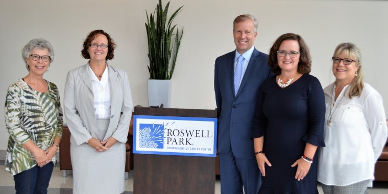 From left: Breast cancer survivor Chris Eberle; Roswell Park’s Dr. Mary Reid, Director of Cancer Screening and Survivorship; Senator Jacobs; Christy Widman, Assistant Director of Community Outreach and Engagement at Roswell Park; and Cindy Eller, Vice President of Development at Roswell Park and Executive Director of the Roswell Park Alliance Foundation.