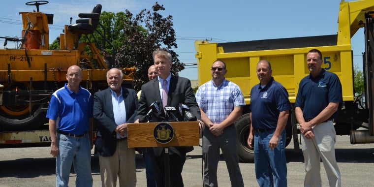 Senator Jacobs is pictured with from left, Grand Island Deputy Superintendent Dick Crawford, Evans Superintendent Ed Michalski, Orchard Park Superintendent Fred Piasecki, Kenmore Superintendent David Root, City of Tonawanda Superintendent Joe Warthling and Town of Tonawanda Superintendent Tom Jones.