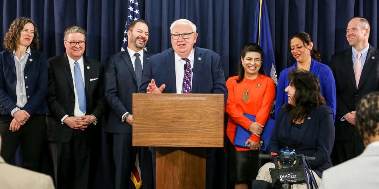 Republican and Democratic Senators discuss the necessity of fully funding this program.  Left to Right - Senator Jen Metzger (SD 42), Senator Pete Harckham (SD 40), Senator Robert Ort (SD 62), Senator John Brooks (SD 8), Senator Anna Kaplan (SD 7), Senator Monica Martinez (SD 3), Senator Sue Serino (SD 42),