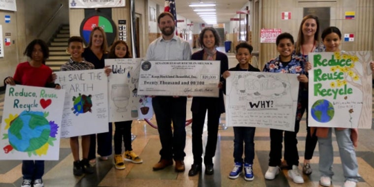 Senator Elijah Reichlin-Melnick recently visited Keep Rockland Beautiful Executive Director Sonia Cairo at Haverstraw Elementary School to deliver a big check. They were joined by teachers and students from the Earth B.E.A.T. program