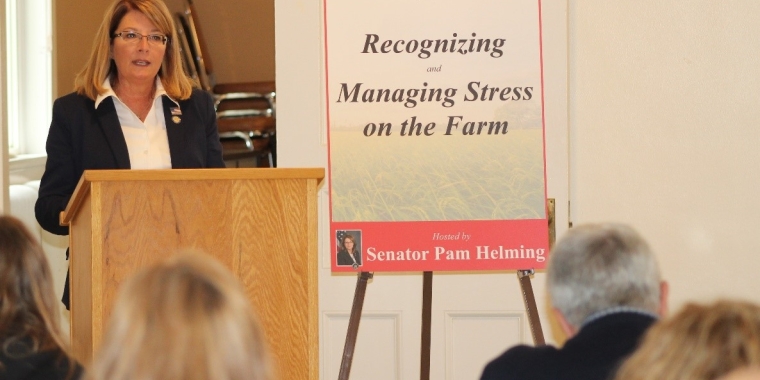 Senator Pam Helming delivers opening remarks during the Recognizing and Managing Stress on the Farm seminar that she hosted on Thursday, April 19 in conjunction with New York FarmNet and New York Farm Bureau.