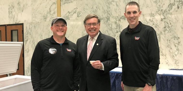 Senator James L. Seward with Gilligan’s Island reps during the 2018 Legislative Dairy Day in Albany.  From left, Gil Hodges, Senator Seward, Andy Lagoe.