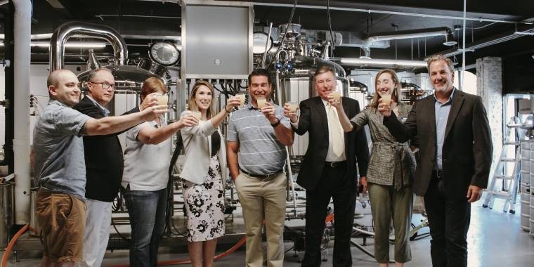 John Curtin, Founder/CEO of Albany Distilling Company and Representative of the New York State Distillers Guild, Paul Leone, Executive Director of the New York State Brewers Association; Brenda Schworm, Owner of Back Barn Brewing Company in Delanson; Senator Michelle Hinchey, Guy Bucey, Owner of Mixed Breed Brewing in Guilderland; Albany County Legislator Dennis Feeney, Danielle Walsh, Executive Director of the Guilderland Chamber of Commerce; Scott Ramsey, Executive Director of the New York Cider Association.