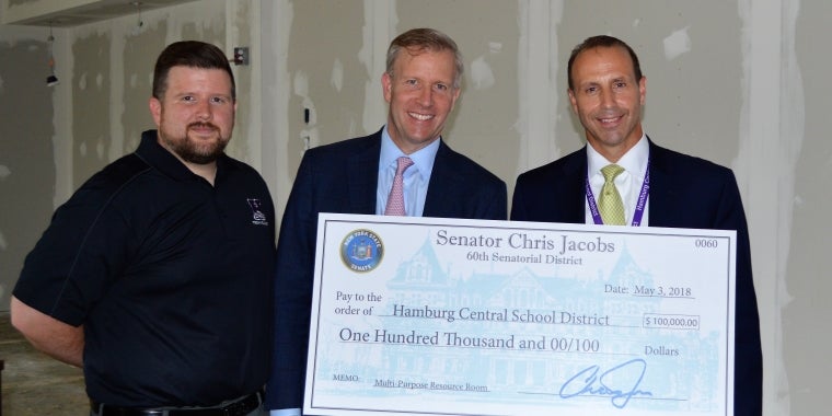 Pictured L-R touring the future site of the new Hamburg Central School District Multi-Purpose Room are Technology Integrator Patrick Wirth, Senator Chris Jacobs and Superintendent Michael Cornell