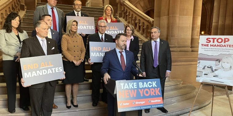 (At Podium: Senate Republican Leader Rob Ortt; Back Row L-R: Senators Dan Stec, Peter Oberacker, Alexis Weik; Middle Row L-R: Senators Sue Serino, Mario Mattera, Mike Martucci, Daphne Jordan, Jim Tedisco, Pam Helming, George Borrello)