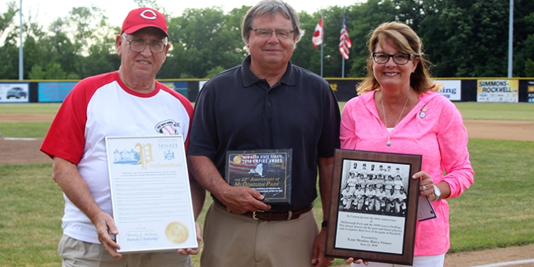 From left to right: Harry Panaro, a member of the 1958 Geneva Redlegs baseball team; Bob Ohmann, owner of the Geneva Red Wings and the Newark Pilots; and Senator Pam Helming