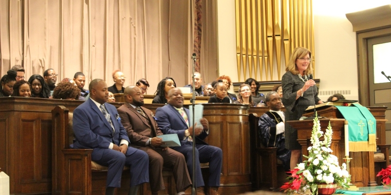 Senator Pam Helming speaks during the 47th annual Martin Luther King Memorial Service at the First United Methodist Church in Geneva on Monday, Jan. 15.