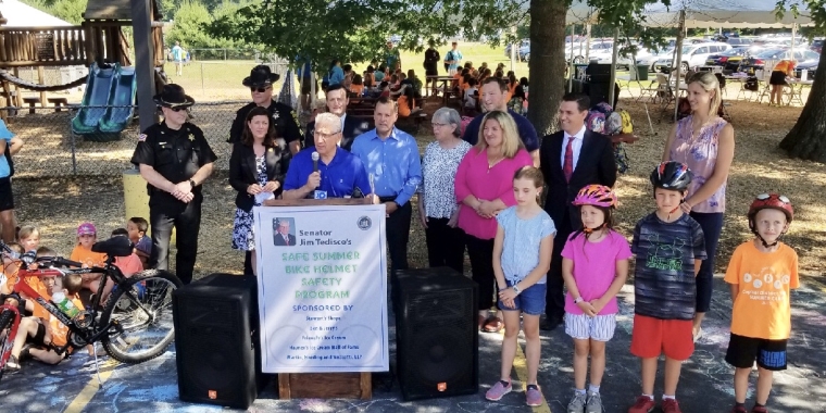 Pictured L-R at the Podium: Erica Komoroske from Stewart's Shops, Senator Jim Tedisco, Clifton Park Supervisor Phil Barrett, Saratoga County Clerk and Hayner's Ice Cream Hall of Fame Owner Craig Hayner, Clifton Park Councilwoman Lynda Walowit, Clifton Park Councilwoman Amy Standaert, Clifton Park Highway Superintendent Dahn Bull, Dan Dagostino from Martin, Harding & Mazzotti and Sarah Heslin from the Southern Saratoga YMCA.