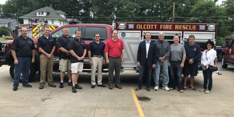 Sen. Rob Ortt (R,C,I,Ref-North Tonawanda) joins the Olcott Fire Company for the unveiling of its new emergency response vehicle.