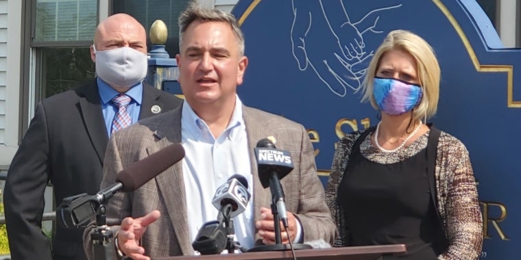 Senator Borrello speaks on the importance of the state releasing the CARES Act funds targeted for child care. Behind him are Chautauqua County Executive PJ Wendel and Beth Starks, Executive Director of the Chautauqua Lake Child Care Center