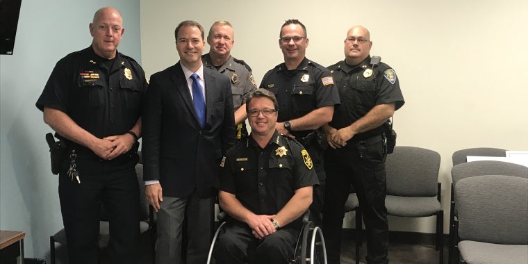 Sen. Rob Ortt presents $40,000 to five police departments in Orleans and Monroe Counties.