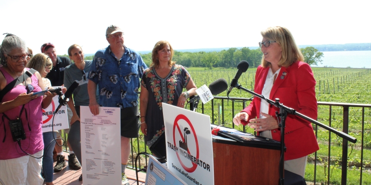 Senator Pam Helming discusses her bill to stop the proposed incinerator from coming to Seneca County and her opposition to the project during a press conference at Ventosa Vineyards in Geneva.