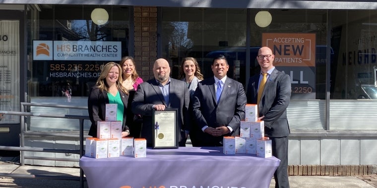 (Left to Right) Assembly Member Sarah Clark, Assembly Member Jessica Gonzalez-Rojas, Lian S. Gravelle Center Founder Brian Gravelle, NYS Senator Jeremy Cooney, His Branches Executive Director Mike Weston
